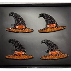 Tahari Set Of 4 Beaded Witch Hat Napkin Rings Fly By Night Halloween Made India
